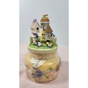 Avon 2003 Luminous Treasures Bird Jar Candle & Birdhouse Feeder Topper flowers